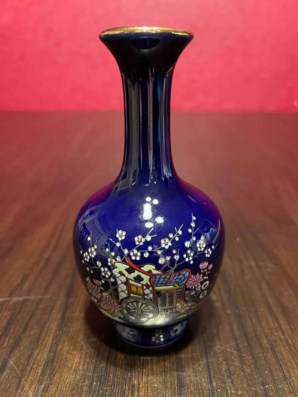Okumura Japan Cobalt Blue Porcelain Bud Vase w/Gold Trim & Rickshaw Floral Desig